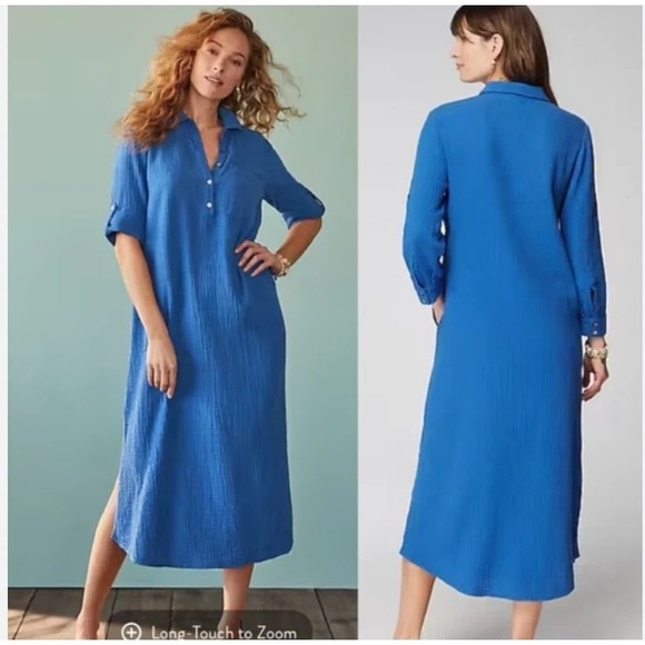 J Jill Women Gauze Midi Dress Size XLP Blue Coastal 100% Cotton Modest Lagenlook - Picture 2 of 11